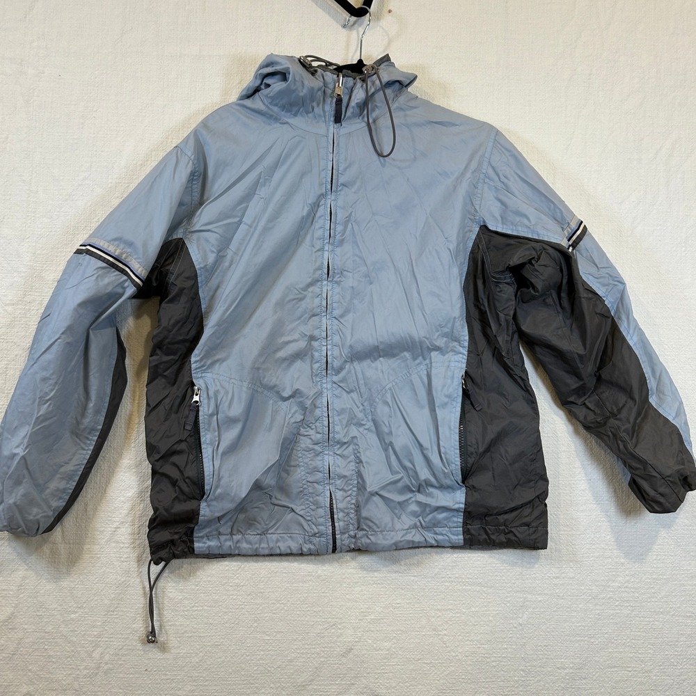 Basic Concepts Womens Hooded Windbreaker Jacket Blue Grey Colorblock Zip Up M